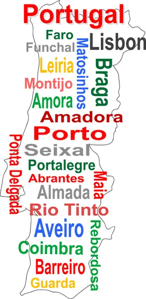 Portugal map and words cloud with larger cities — Stock Vector