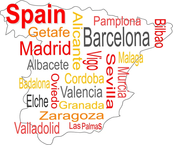Spanje Plattegrond en woorden wolk met grotere steden — Stockvector