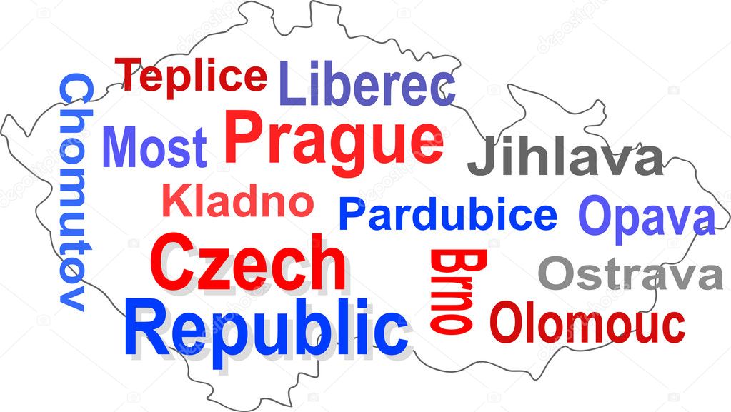 Czech republic map and words cloud with larger cities