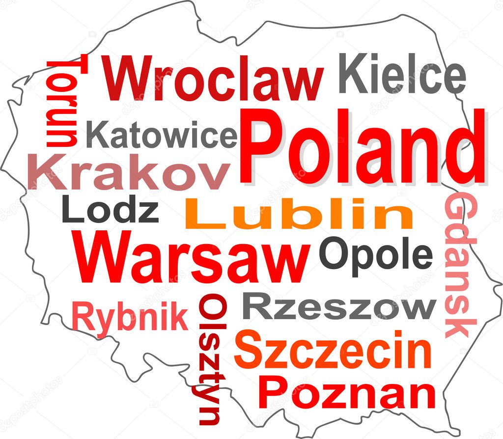 Poland map and words cloud with larger cities