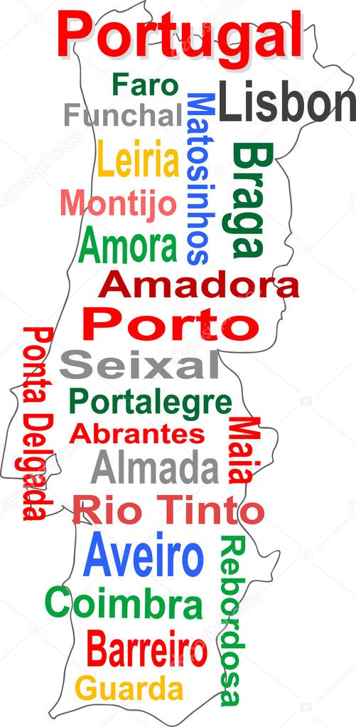 Portugal map and words cloud with larger cities