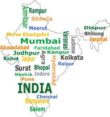 India map and words cloud with larger cities clipart