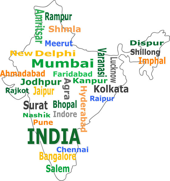 India map and words cloud with larger cities