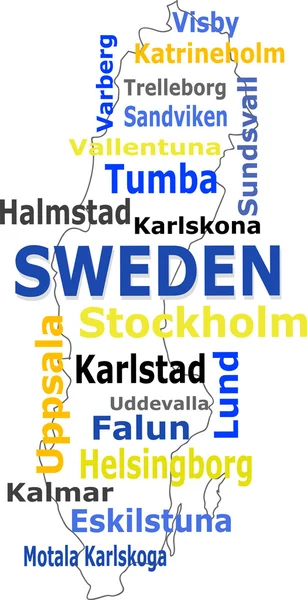 Sweden map words cloud with larger cities — Stock Vector