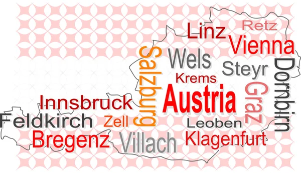 Österreich-Karte und Wörterwolke mit größeren Städten — Stockvektor