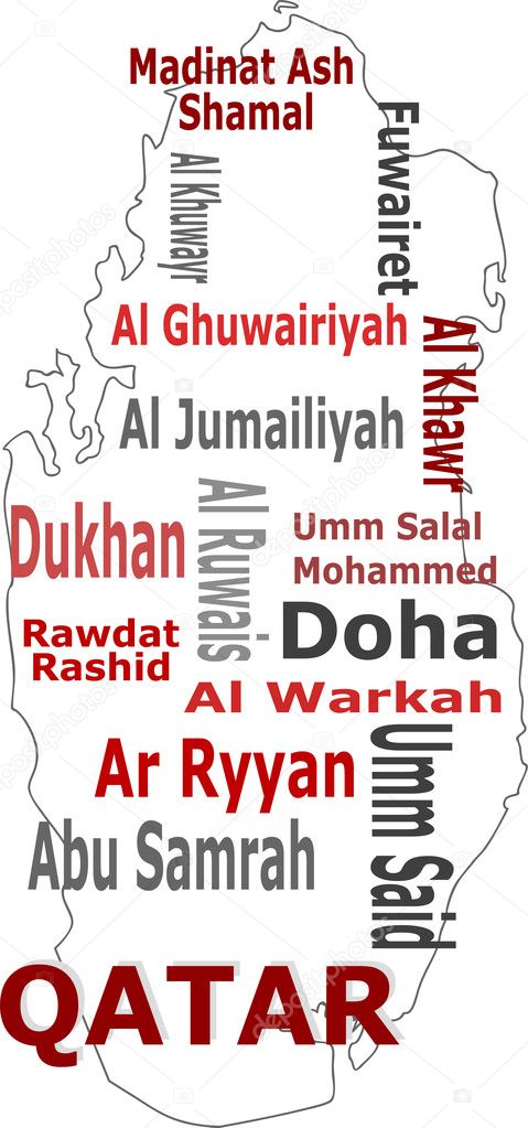 Qatar map words cloud with larger cities