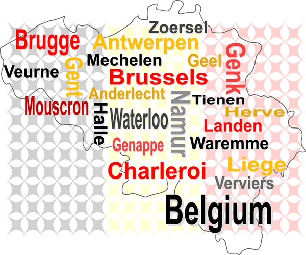 Belgium map and words cloud with larger cities — Stock Vector