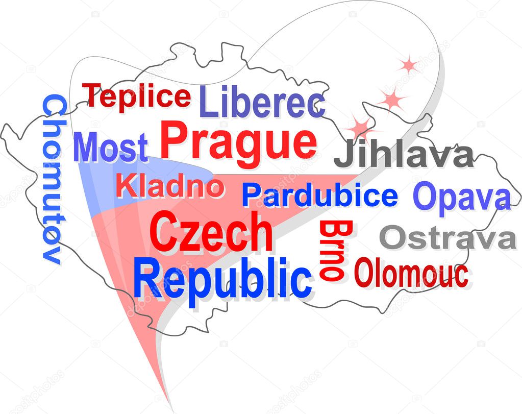 Czech republic map and words cloud with larger cities