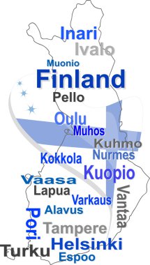 Finland map and words cloud with larger cities clipart