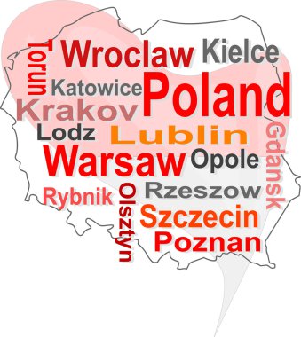 Poland map and words cloud with larger cities clipart