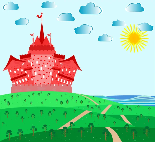 Paesaggio fiabesco con castello magico rosso — Vettoriale Stock