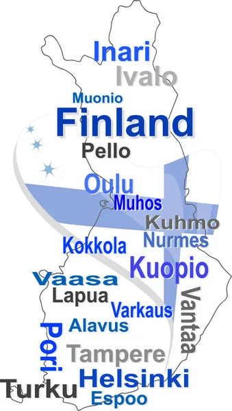 Finlândia mapa e palavras nuvem com cidades maiores — Vetor de Stock