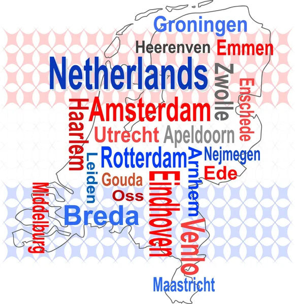 Ολλανδία χάρτη και λέξεις σύννεφο με μεγαλύτερες πόλεις — Διανυσματικό Αρχείο