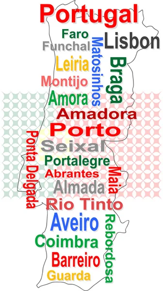 Portugal map and words cloud with larger cities — Stock Vector