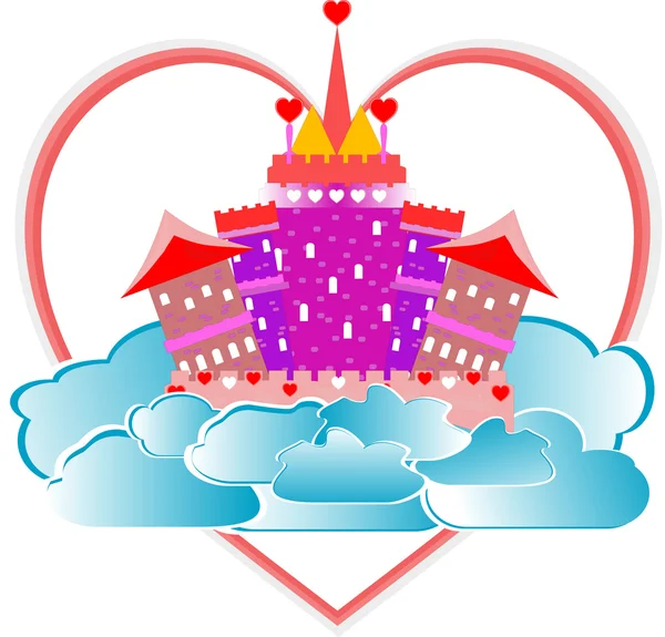 Castelo de conto de fadas mágico rosa com coração no céu —  Vetores de Stock