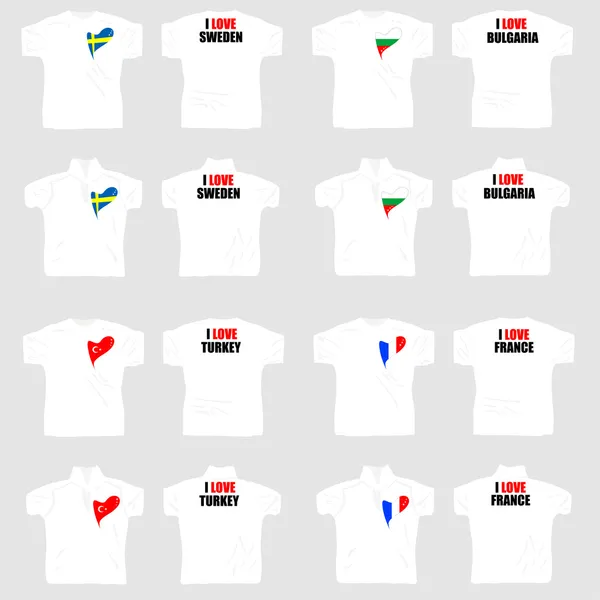 T-shirt blanc avec drapeaux de pays en coeur amoureux — Image vectorielle