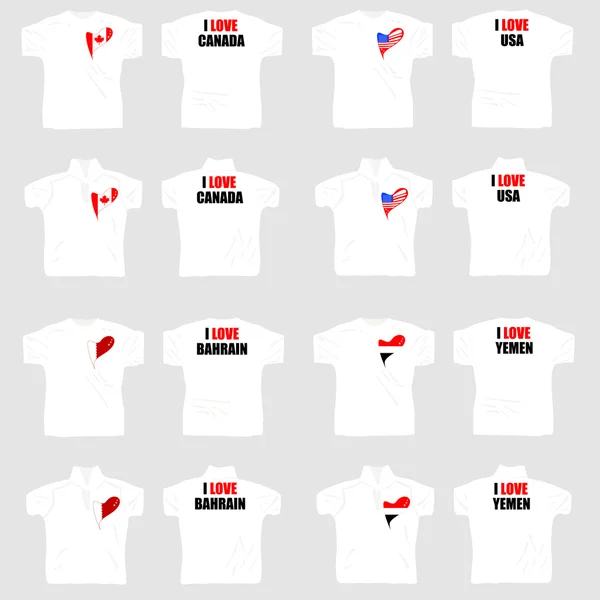Beyaz tişörtlü ülke bayraklarıyla sevgi kalbinde — Stok Vektör