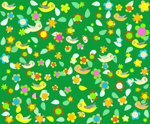 Uccelli dei cartoni animati su sfondo verde con decorazioni floreali — Vettoriale Stock