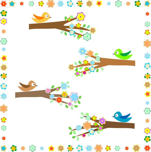さまざまな木の枝に花の装飾と座っている鳥 — ストックベクタ