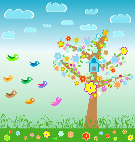 Paisagem de verão com pássaros flor e árvore. Contexto do prado — Vetor de Stock
