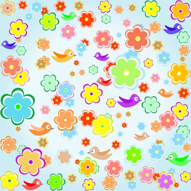 Colorful bird with Spring flower background clipart