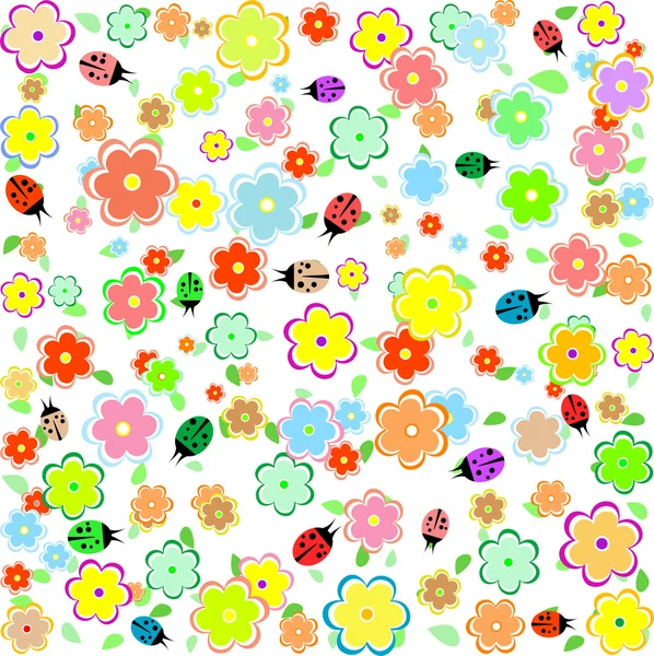 Fundo de primavera com flores pequenas e joaninhas — Vetor de Stock