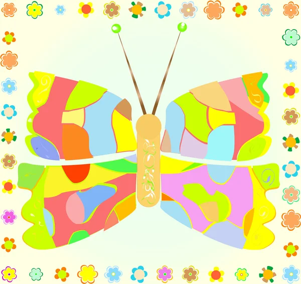 Farbiger Schmetterling mit Blumenrand auf Hintergrund — Stockvektor