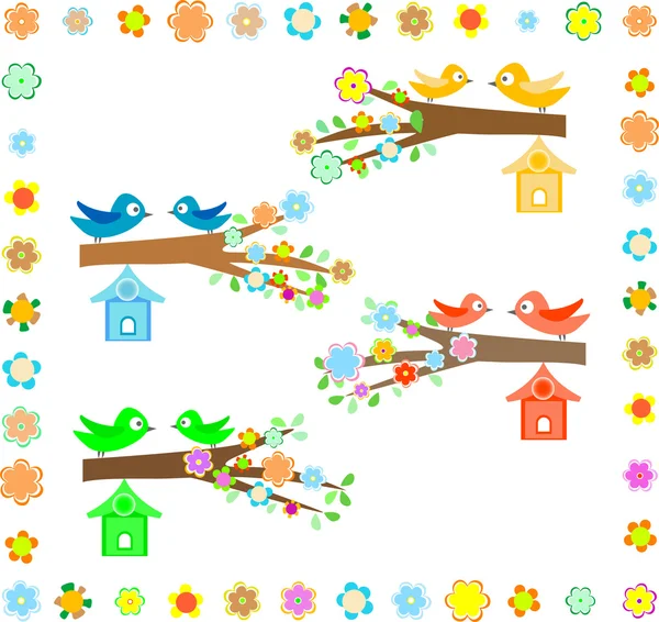 Vogel huis op een tak van een bloeiende boom — Stockvector
