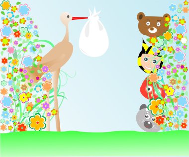 Cartoon animals and baby viewing stork with bag clipart