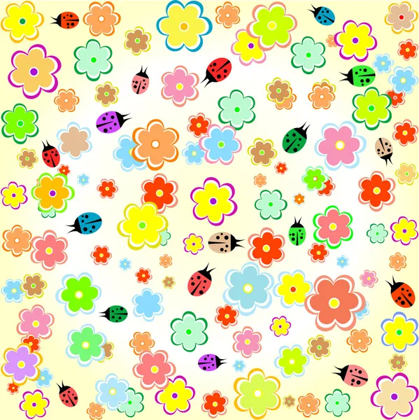 Λουλούδια και ladybugs άνευ ραφής κίτρινο φόντο — Διανυσματικό Αρχείο