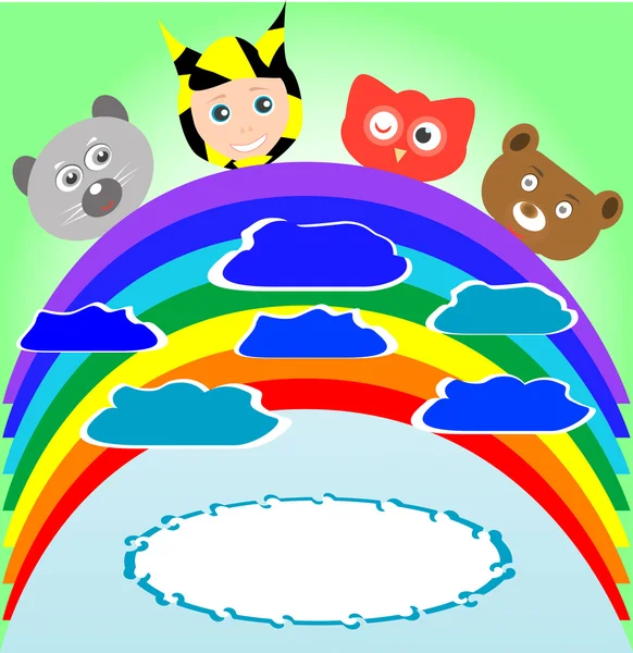 Niedliche Kind und Tiere beim Betrachten Regenbogen — Stockvektor