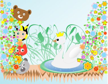 Cute baby boy and animals viewing duck with crown clipart