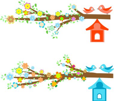 Cards birds sitting on branches and birdhouses clipart