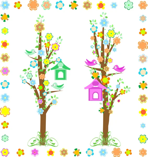 Frühlingsbaum mit Vögeln mit Vogelhaus und Blume — Stockvektor
