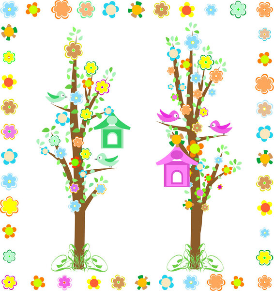 Весеннее дерево с птицами с птичьим домиком и цветком
