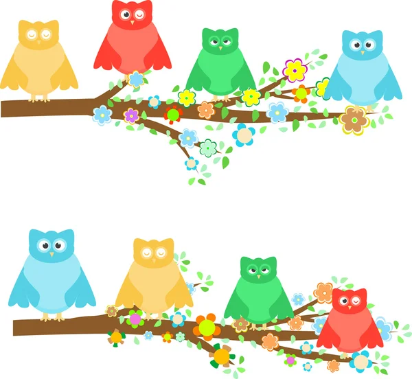 Семейные совы сидят на ветвях деревьев с цветами — стоковый вектор