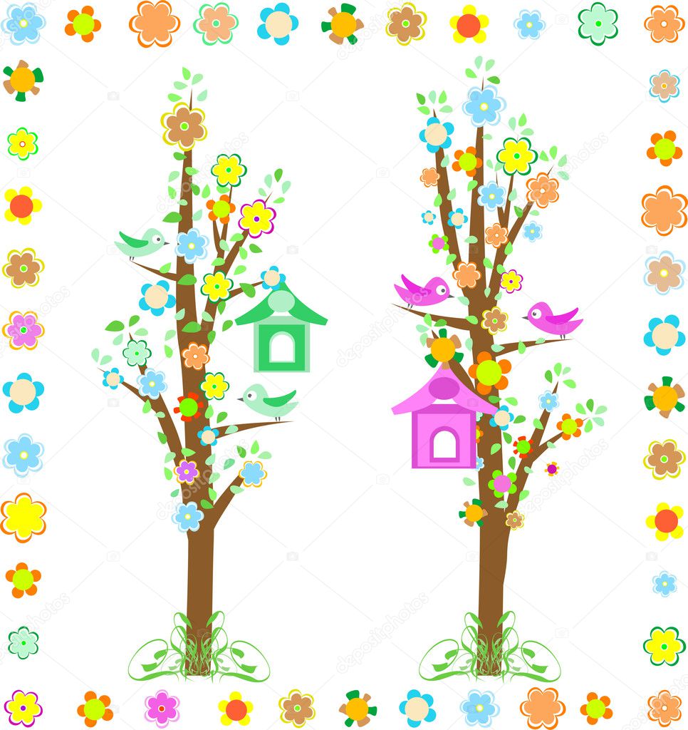 Spring tree with birds with birdhouse and flower