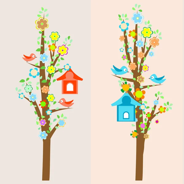 Belos pássaros e casas de pássaros em árvores — Vetor de Stock