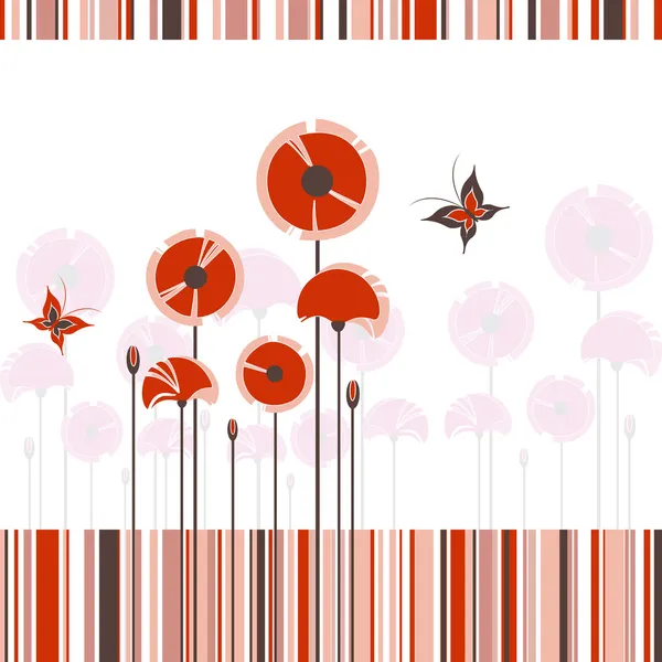 カラフルなストライプの背景に抽象的な赤いケシ — ストックベクタ
