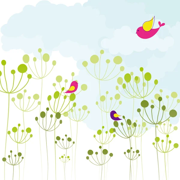 Primavera colorido aves verde floral tarjeta de felicitación — Vector de stock