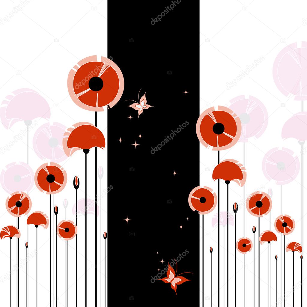 Abstract red poppy on black and white background