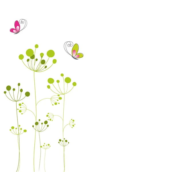 봄에는 화려한 나비 녹색 꽃 인사말 카드 — 스톡 벡터