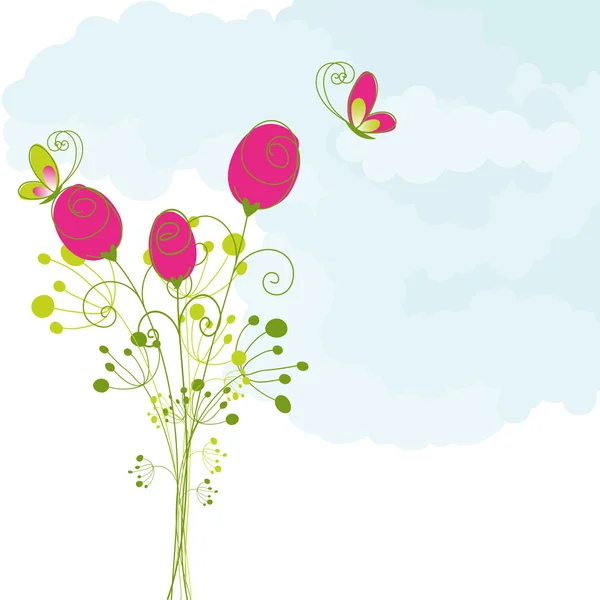 春のカラフルな蝶の赤い薔薇グリーティング カード — ストックベクタ