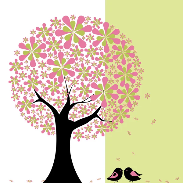Δέντρο λουλούδι άνοιξη με lovebird — Διανυσματικό Αρχείο
