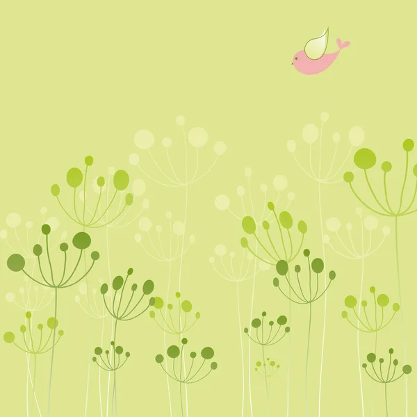 Πολύχρωμα πουλιά άνοιξη πράσινη floral ευχετήρια κάρτα — Διανυσματικό Αρχείο