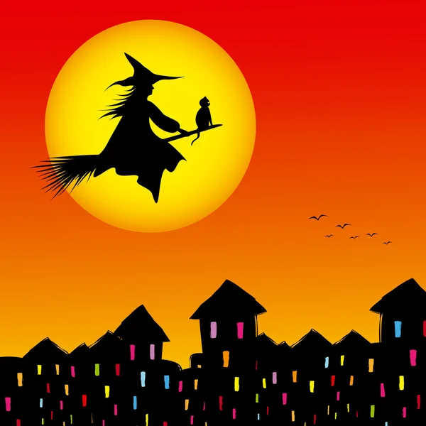 Halloween background silhouette of a witch flying in a broom — Stock Vector