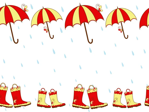 Ilustración botas de lluvia lindo y patrón sin costuras paraguas — Vector de stock