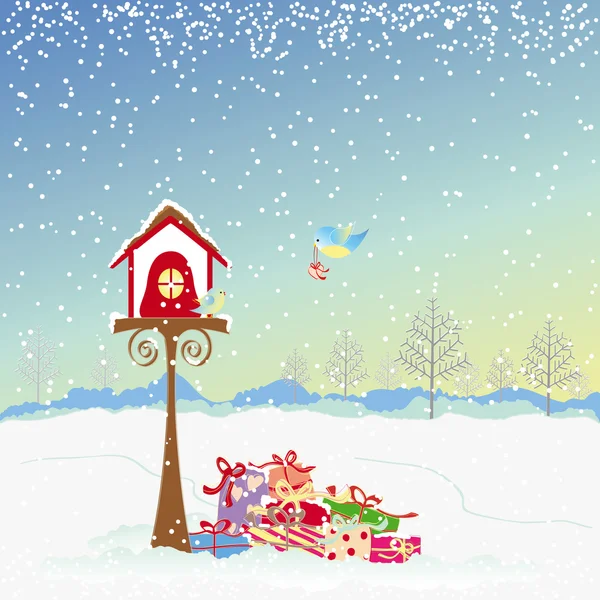 Natale saluto uccelli pettirosso e regalo colorato — Vettoriale Stock