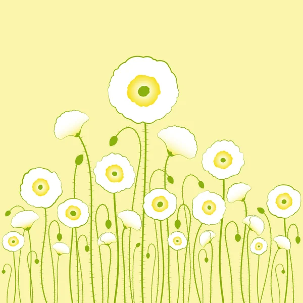 黄色背景的白色罂粟 — 图库矢量图片