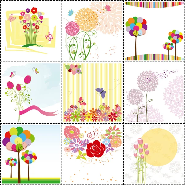 다채로운 꽃 인사말 카드의 세트 — 스톡 벡터